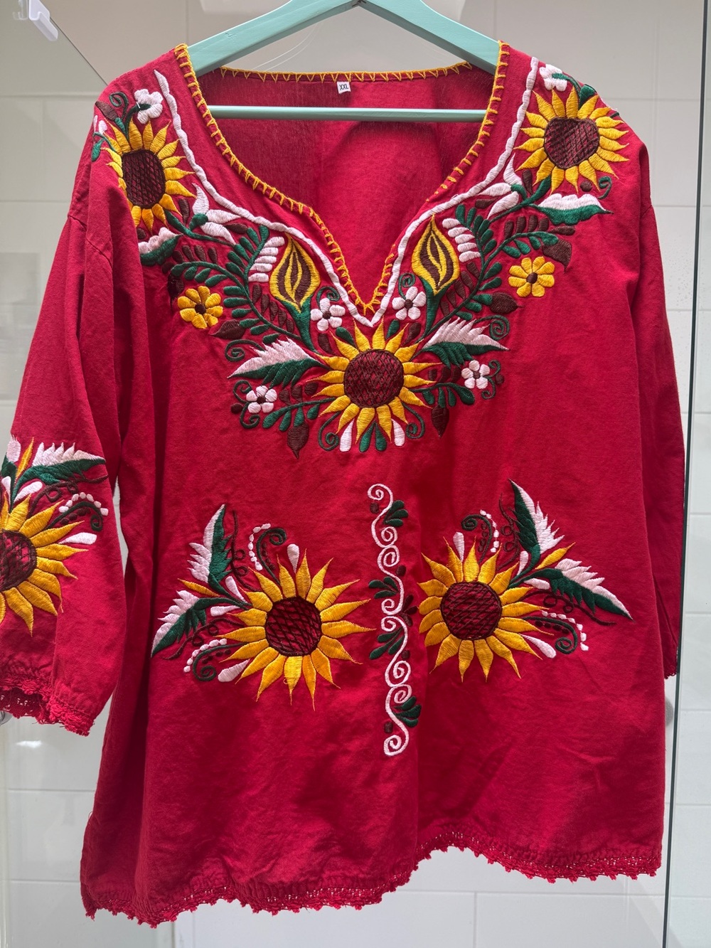 Women’s Sunflower Embroidered Red Long Sleeve Tunic Top
